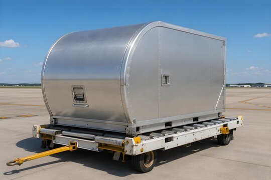 Unbranded Aluminum Air Cargo Container ULD On Roller Trailer With Metallic Silver Finish Tarmac Scene
