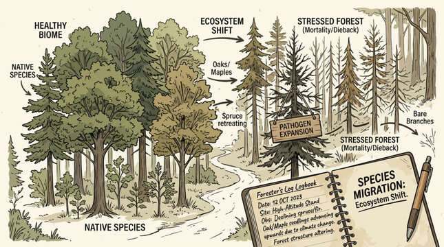 Forest ecosystem shift, healthy native species transition to stressed dying trees