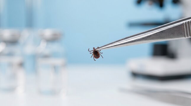  Makroaufnahme einer infizierten Zecke, die von einer medizinischen Pinzette in einem modernen klinischen Labor gehalten wird. Forschung und Diagnose von Borreliose und FSME. Generative KI