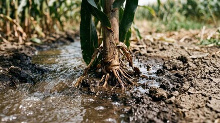 Obraz premium Close up view of corn stalk base with water flowing in furrow.