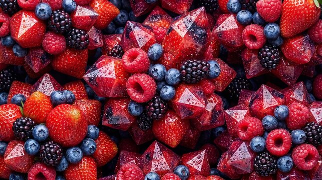 Artistic Arrangement of Mixed Berries with Geometric Crystal Shapes