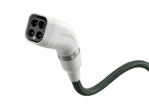 Electric vehicle charging plug with cable isolated on transparent background.