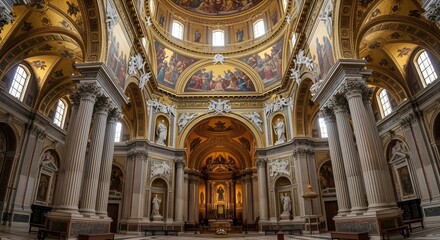 Obraz premium Ornate interior of a historic cathedral featuring golden frescoes tall marble columns and intricate religious sculptures captured in this photo