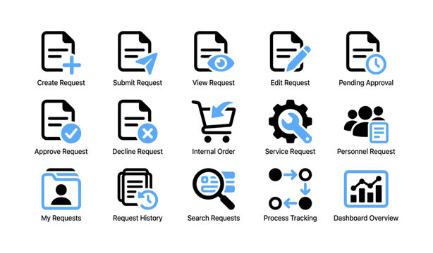 Document and request icons showing workflow actions on white