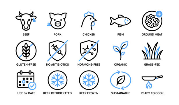 Meat and product label icons for proteins and quality attributes