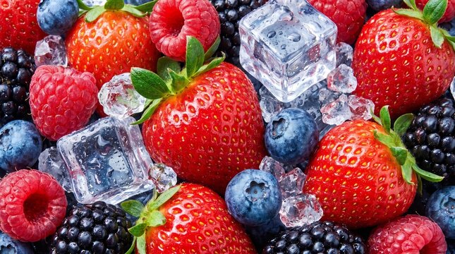 Fresh Mixed Berries with Ice Cubes Top View Macro