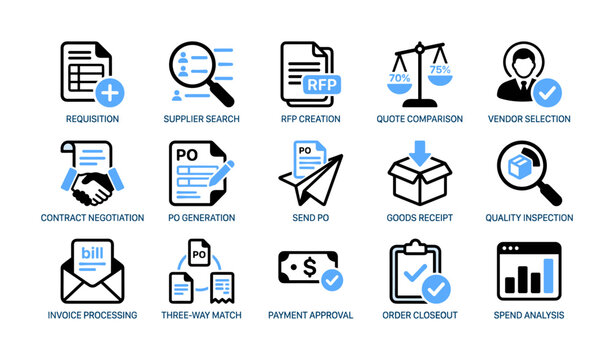 Procurement and purchase order icons grid on white background