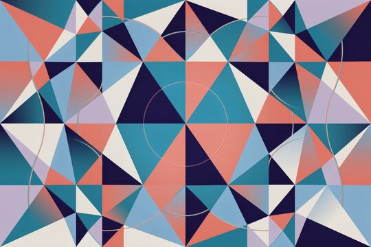 A complex geometric pattern composed of triangles in shades of blue, coral, and cream, featuring thin circular lines overlapping the sharp shapes