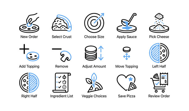 Pizza ordering icons for custom steps and topping controls on white