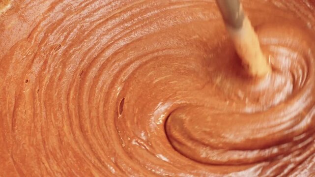 Glossy Chocolate Cream Batter Swirling During Mixing In Slow Motion, Rich Dessert Texture And Brownie Preparation Process