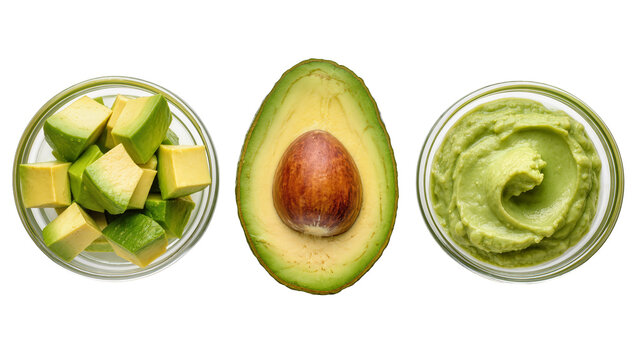 Isolated fresh avocado sliced, diced, and mashed in bowls for healthy food preparation