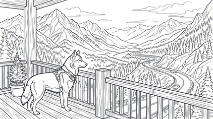 Husky on balcony overlooking mountain landscape coloring page © titis