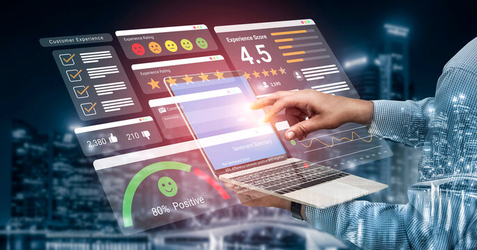 Feedback system with ratings, sentiment meter, and charts representing customer satisfaction and experience analysis Parse