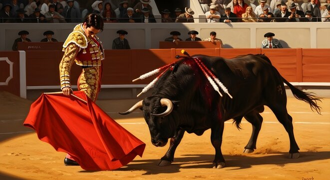 Professional matador performs a dangerous ritual with a powerful black bull inside a traditional spanish bullfighting arena at midday light