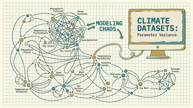 Climate datasets showing parameter variance with extreme weather events model visualization