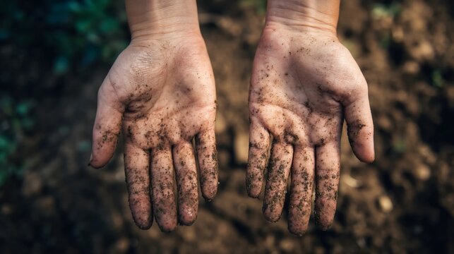 Two open human hands covered in dark fertile soil held up against a blurry brown earth background