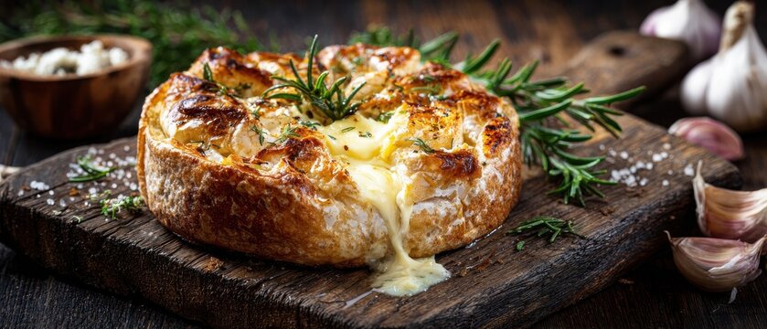 Baked camembert cheese with garlic and rosemary on rustic wooden board