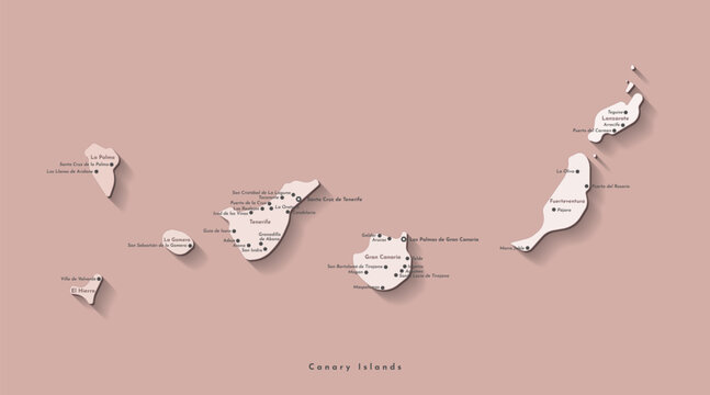 Vector isolated illustration. Simplified administrative map of Canary Islands. Brown background and beige shapes of archipelago. Names of cities and spanish islands