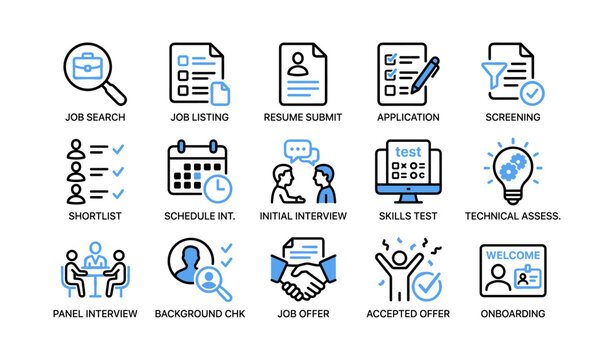 Recruitment icons showing hiring process steps in grid layout
