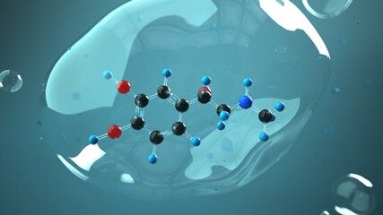 Adrenaline molecule 3D render in the bubble and liquid environment. 3d illustration. © Alexander Limbach
