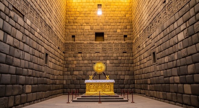 Ancient stone temple interior with golden altar and warm lighting