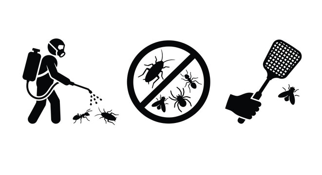 Pest Control Illustration Featuring Sprayer Prohibition Sign And Fly Swatter Silhouette