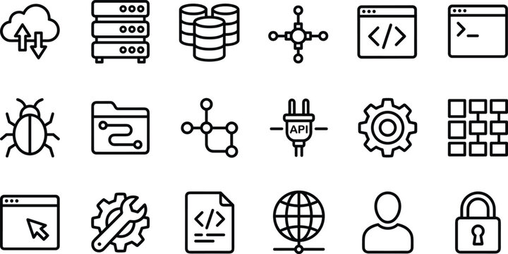 Cloud computing and software development database server line icon set featuring web coding security and API connection vector illustration