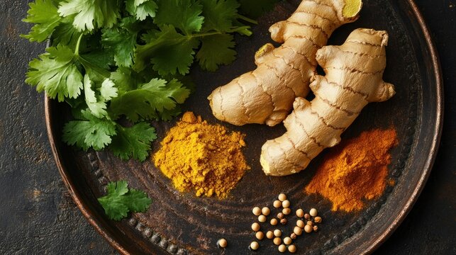 Spices and herbs on dark plate
