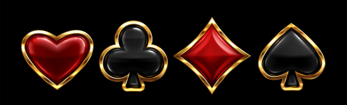 3D poker card suit icon set isolated on background. Vector realistic illustration of black and red spades, hearts, diamonds, clubs symbols in golden frames, luxury casino interface design elements