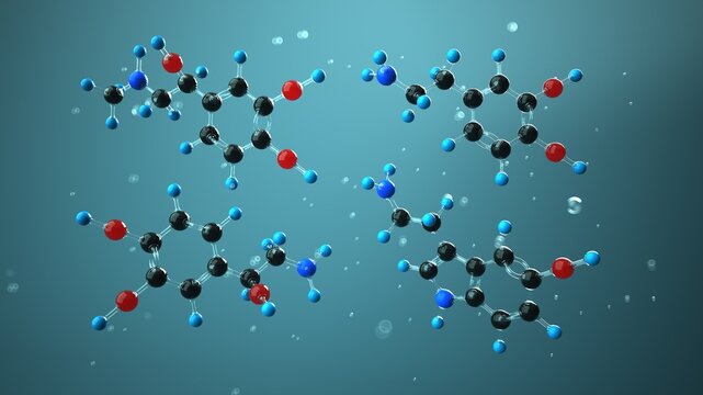 Four happiness molecules in liquid environment &ndash; serotonin, dopamine, norepinephrine and adrenaline. 3d illustration.