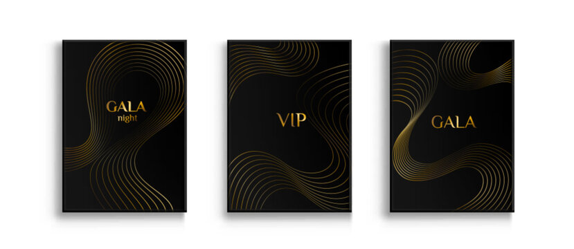 Premium gala black background with gold wave lines pattern, cover templates with golden curves. Abstract vector posters for VIP card, or wedding invitation design, glamour frames, award border banners