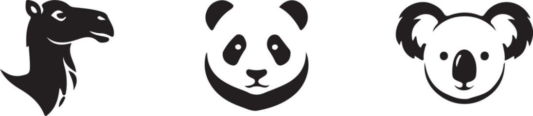 Llama, Panda and Koala Silhouette Logo Set – Cute Wildlife Animal Head Vector Icons. © tjxvact