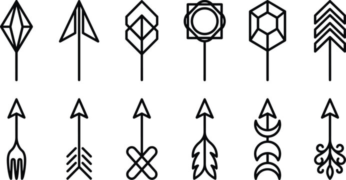 Decorative geometric and tribal boho arrow line icon set featuring celestial moon feather and abstract crystal pointers vector illustration