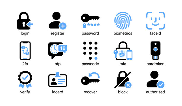 Authentication and security icons for login and access control