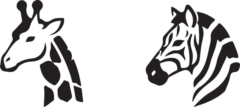 Giraffe and Zebra Silhouette Logo Set &ndash; African Wildlife Animal Head Vector Icons.