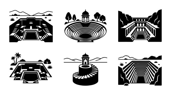 Stepwell Architecture Icons, Indian Wells Graphics, Ancient Water Structures Vector Set
