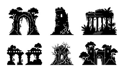 Obraz premium Ancient Ruins Silhouette Collection, Mystical Temple & Castle Icons