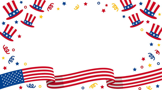 American independence day background with uncle sam hats and stars confetti for fourth of july celebration.