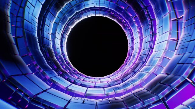 Neon technological ring tunnel with cube board structure, 3d rendering.