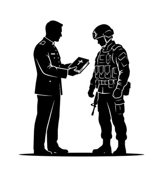 Military chaplain giving a holy bible to an armed soldier in uniform isolated on transparent background, Vector