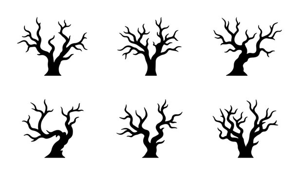 Spooky Bare Tree Silhouettes, Vector Set. Halloween, Autumn, Nature Icons.
