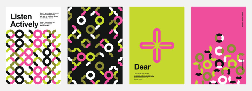 Creative abstract swiss style poster cover set bold geometric circles crosses blocks pattern vibrant colorful trendy typography layout