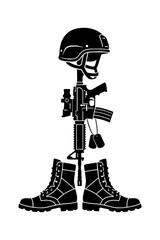 Obraz premium Fallen soldier memorial icon with helmet rifle and boots silhouette isolated on transparent background, Vector