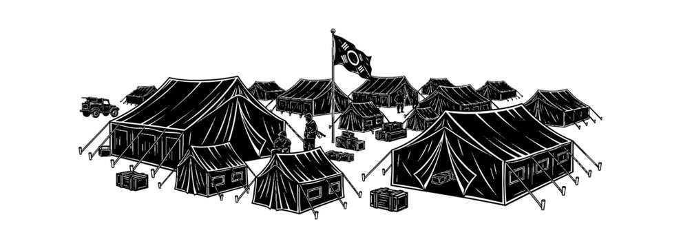 Black and white illustration of a large military field camp with multiple tents and flags isolated on transparent background, Vector
