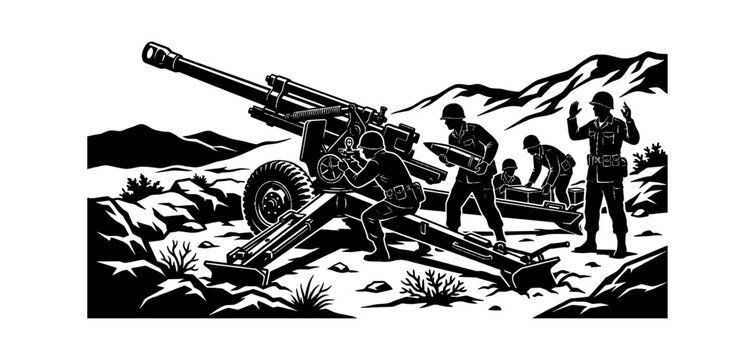 Military soldiers operating a heavy artillery field cannon in a war zone landscape isolated on transparent background, Vector