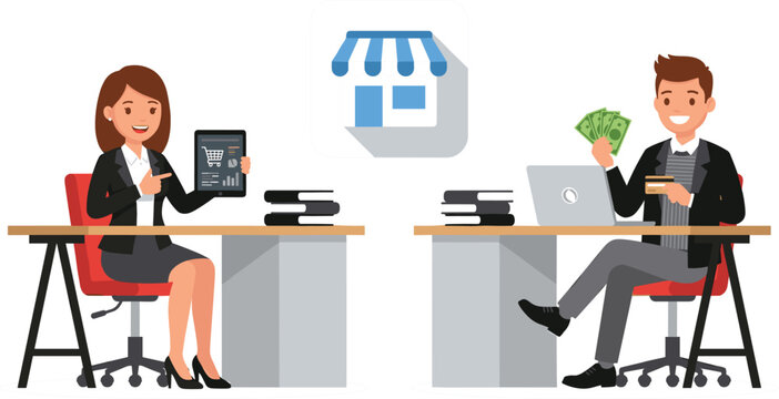 Business owners managing online retail store and processing electronic payments with credit card and cash transactions, isolated vector illustration.