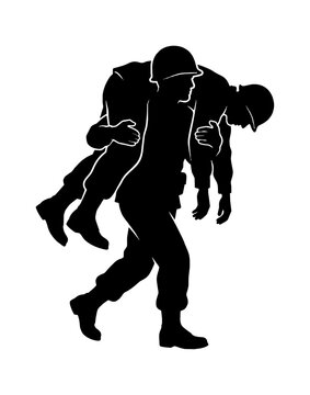 Black silhouette of a brave soldier carrying an injured comrade on his back during a war mission isolated on transparent background, Vector