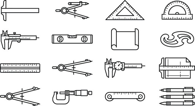 Engineering drafting and architectural measuring tool line icon set featuring compass caliper t square and rulers vector illustration