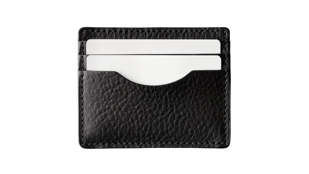Isolated premium black leather card holder wallet with two blank white cards for finance