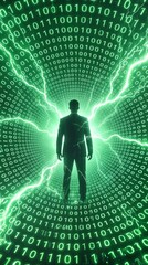 Fototapeta premium Businessman silhouette standing in digital binary code tunnel with green lightning. Cyber security and data protection concept in virtual reality.